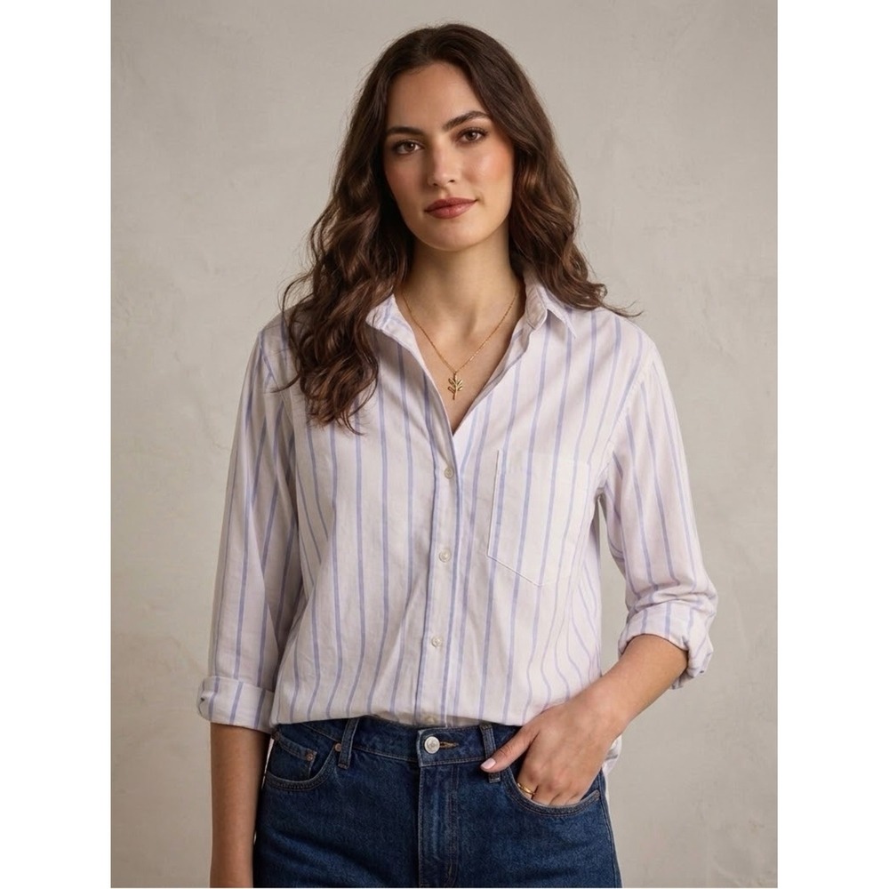 Frank & Eileen Boyfriend Cotton Button-Up Shirt Beige White Blue Stripe NEW SZ M